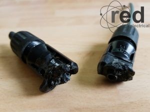 Melted d.c. connectors due to poor installation allowing water ingress.